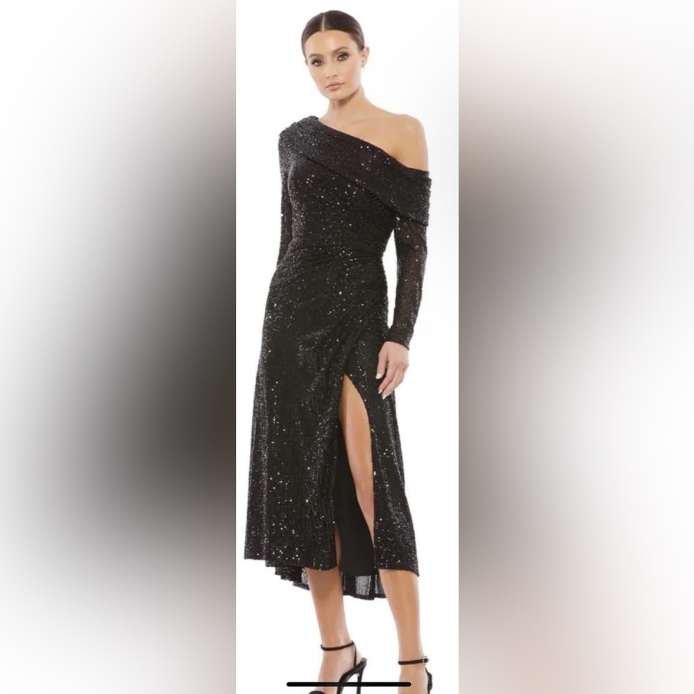*New Mac Duggal ONE SHOULDER SEQUIN LONG SLEEVE MIDI DRESS NWT size 2 blaC